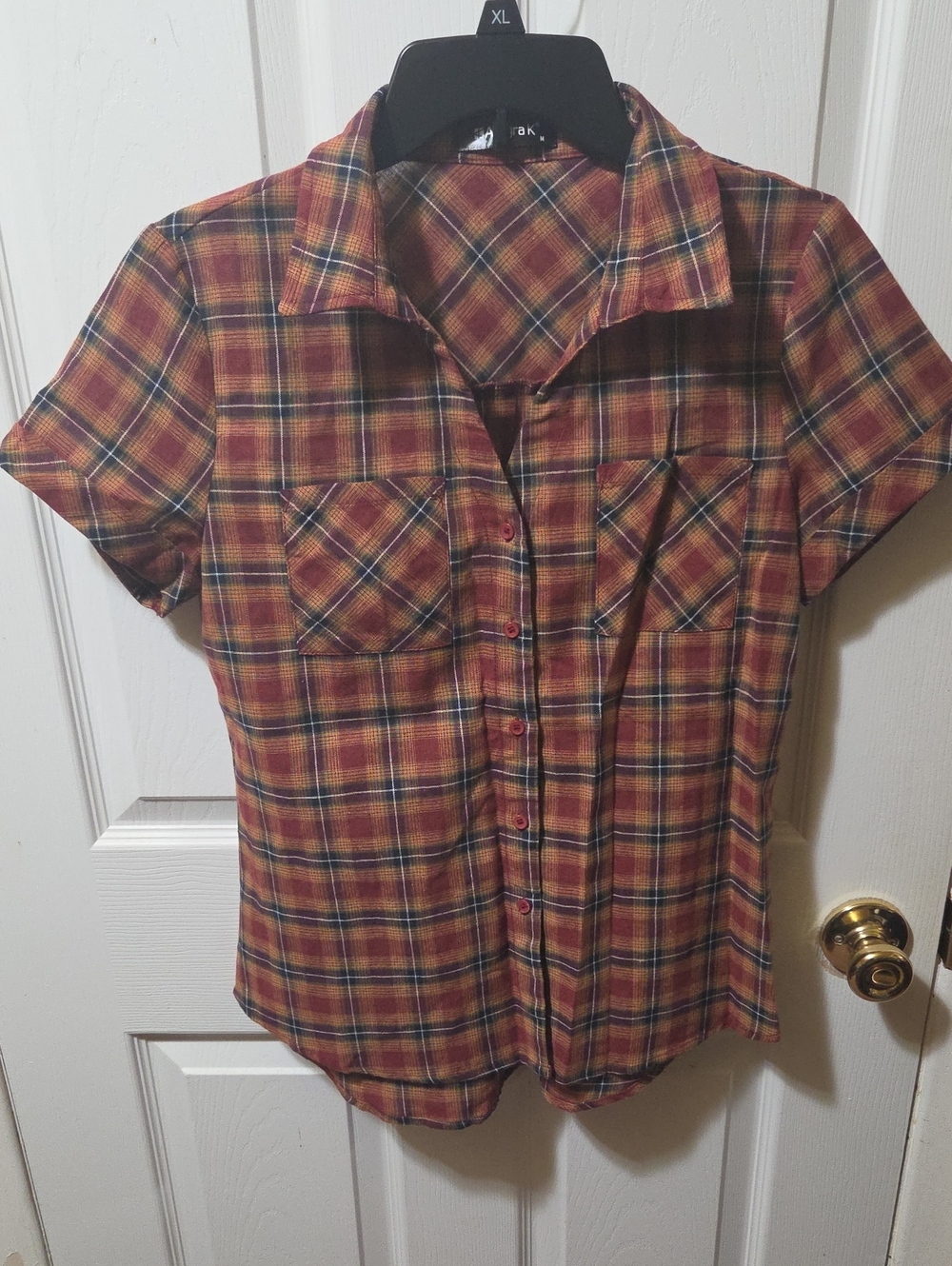Allegra K Girls' Short-Sleeve Plaid Button-Down Shirt in Rust and Yellow